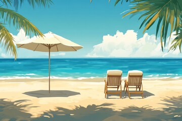Obraz premium Tropical beach chairs under umbrella, ocean view, vacation