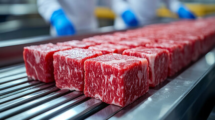 Raw wagyu beef blocks on stainless steel conveyor belt in modern Japanese meat processing plant Workers in white uniforms and blue gloves handle beef with care Symbolizes hygiene precision quality