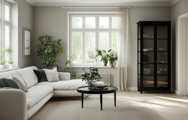 Bright living room with sectional sofa, plants, and display cabinet.