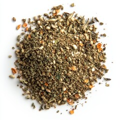 Herbal spice mix on white background featuring seeds and dried leaves