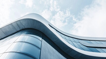 Modern building curves, glass facade, blue sky, clouds, architectural design, website header