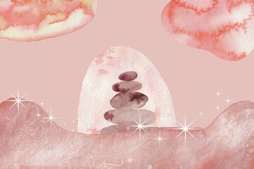 Watercolor Illustration Balanced Stones Soft Pink Background Sparkles - Mindfulness, Wellness, Serenity Art Relaxation Meditation Decor