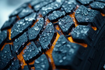 Close-up view of a wet tire tread showing deep grooves and orange detailing for enhanced traction in rainy conditions