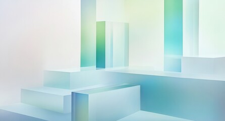 Fototapeta premium White background, a white geometric shape with light blue and green gradient color blocks in the lower right corner of the screen, geometric shapes Generative AI