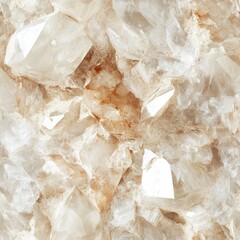 Seamless texture of raw quartz crystal, high transparency with white and beige inclusions, light refractions
