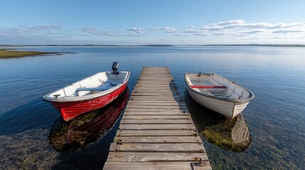 Obraz premium Calm Lakeside Pier with Two Boats