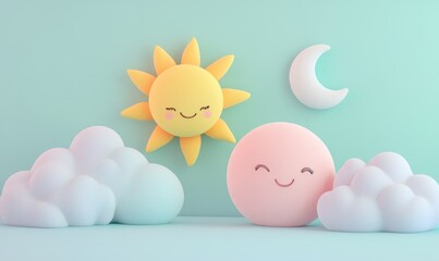 A cartoon scene with a smiling sun and a smiling moon