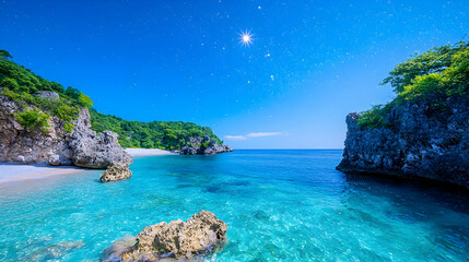 Secluded tropical beach cove at night, stars visible, calm ocean