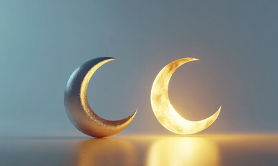 Two crescent moons with a light shining on them