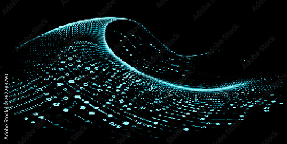 Aufkleber Abstract vector illustration featuring a wave-like grid pattern with glowing blue dots against a black backdrop, creating a futuristic, digital landscape with a sense of depth and motion.