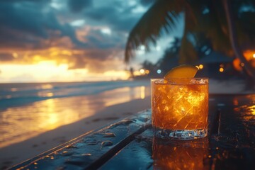 Golden sunset illuminates a cocktail on the beach with waves gently lapping the shore