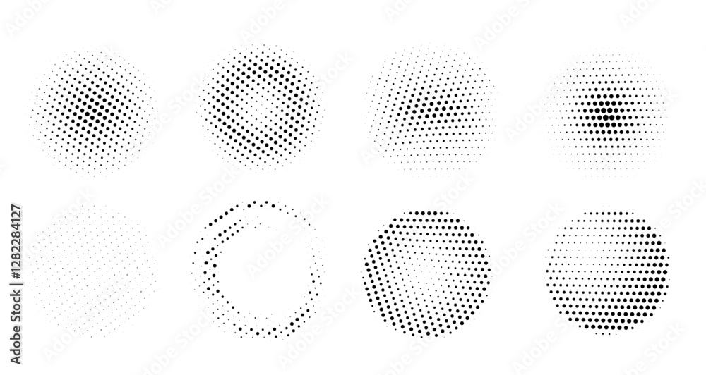Poster halftone textures featuring circular dot patterns on a white background, each with varying densities