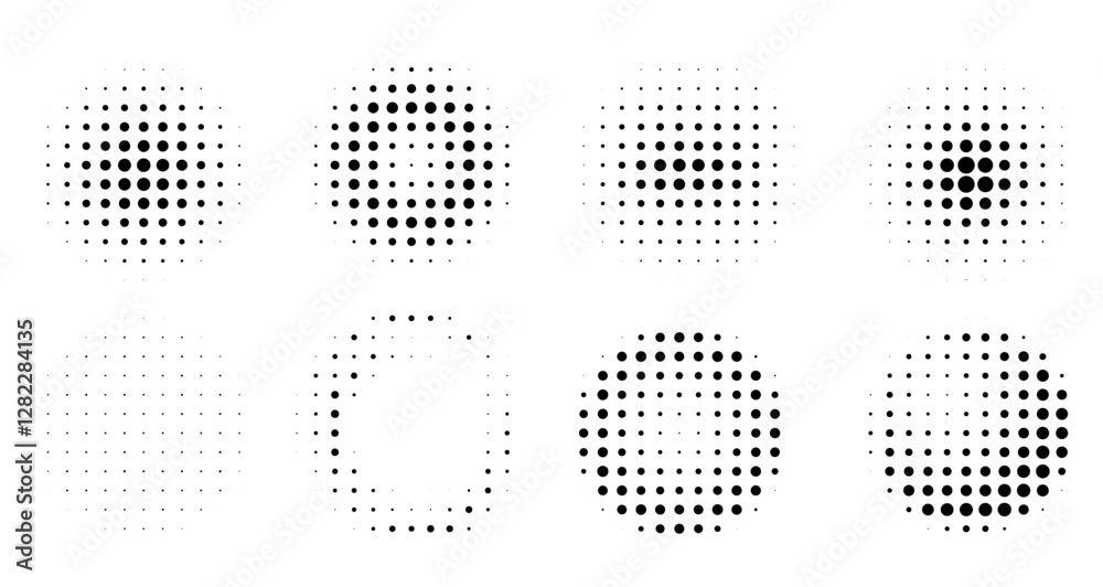 Poster Set of black halftone dottted backgrounds. Modern abstract comic style halftone pattern in circle form.