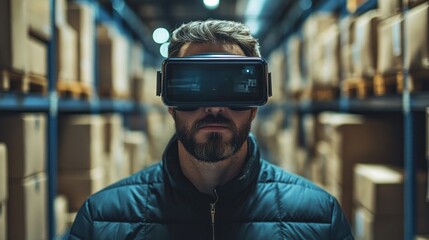 Man wearing a virtual reality headset in a warehouse