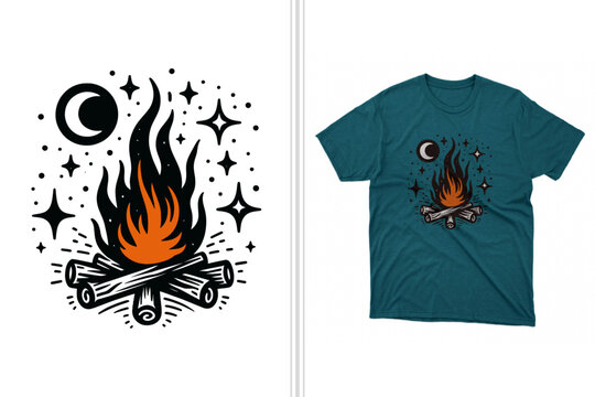 night time campfire t-shirt design artwork, camping tee graphic template, starry sky t-shirt print