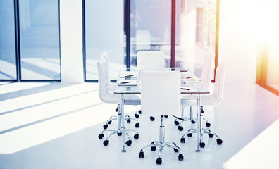 Business, corporate and empty room of boardroom in office for conference, journal planner or...