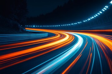 Vibrant light trails from vehicles on a winding road at night showcase speed and movement