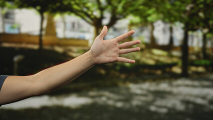 Outstretched hand of a man in an outdoor park setting, capturing the vibrant greenery and peaceful atmosphere.