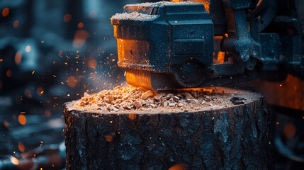 A stump grinder machine grinds a tree stump in a garden, creating wood chips. The process symbolizes renewal, land restoration, and clearing space for new growth. Selective focus, modern