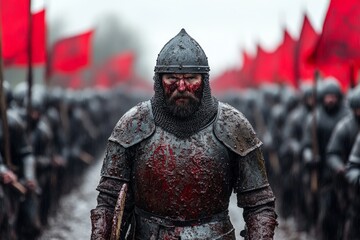 Fototapeta premium Soldiers prepare for battle under red flags with a weary warrior leading the charge during an overcast day