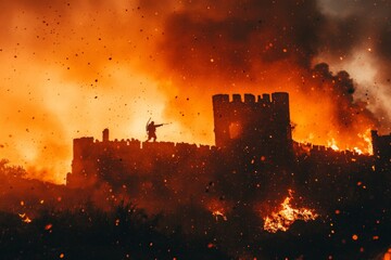 Fototapeta premium Fire engulfs an ancient castle as a heroic figure stands silhouetted against the flames during a dramatic sunset