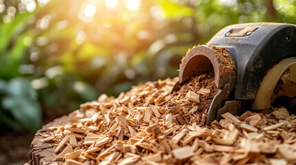 A stump grinder machine grinds a tree stump in a garden, creating wood chips. The process symbolizes renewal, land restoration, and clearing space for new growth. Selective focus, modern