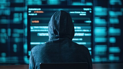 A hooded figure sits in front of a glowing screen filled with code, evoking themes of hacking, cybersecurity, and digital anonymity.