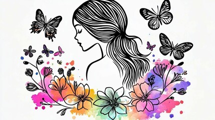 Graceful woman silhouette surrounded by butterflies floral elements graphic artwork whimsical style artistic perspective