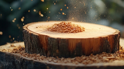 A stump grinder machine grinds a tree stump in a garden, creating wood chips. The process symbolizes renewal, land restoration, and clearing space for new growth. Selective focus, modern