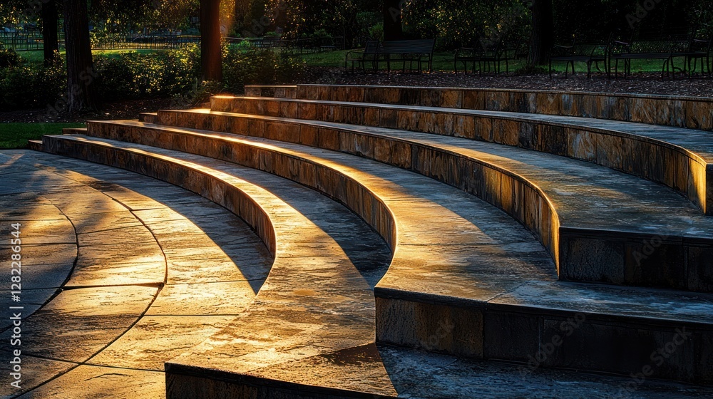 Wall mural Sunlit stone amphitheater steps in park.