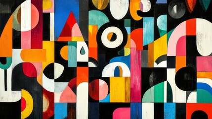 Obraz premium Abstract geometric composition featuring colorful shapes and black background