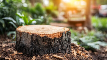 A stump grinder machine grinds a tree stump in a garden, creating wood chips. The process symbolizes renewal, land restoration, and clearing space for new growth. Selective focus, modern