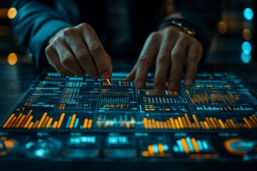 Hands interacting with a futuristic data visualization interface at night