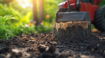 A stump grinder machine grinds a tree stump in a garden, creating wood chips. The process symbolizes renewal, land restoration, and clearing space for new growth. Selective focus, modern