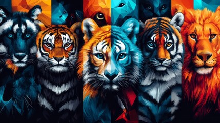 Digitally rendered portraits of tiger and lion species in vibrant hues