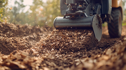 A stump grinder machine grinds a tree stump in a garden, creating wood chips. The process symbolizes renewal, land restoration, and clearing space for new growth. Selective focus, modern