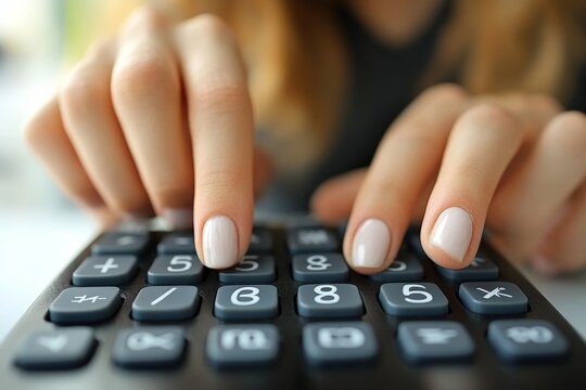 Person uses a calculator to perform calculations on a desk in bright surroundings during the day