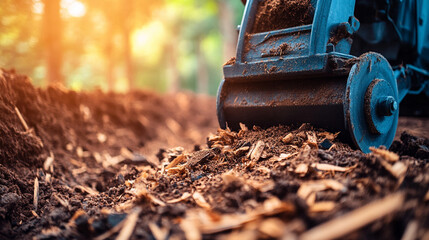 A stump grinder machine grinds a tree stump in a garden, creating wood chips. The process symbolizes renewal, land restoration, and clearing space for new growth. Selective focus, modern