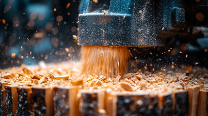 A stump grinder machine grinds a tree stump in a garden, creating wood chips. The process symbolizes renewal, land restoration, and clearing space for new growth. Selective focus, modern