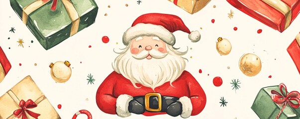 Watercolor santa claus surrounded by christmas gifts and ornaments