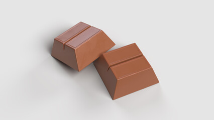 pieces of chocolate bar in white background, left side view