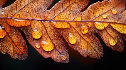 Closeup autumn fern leaf with water droplets