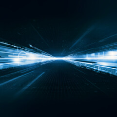 Futuristic digital speed tunnel with glowing blue light effects and motion blur