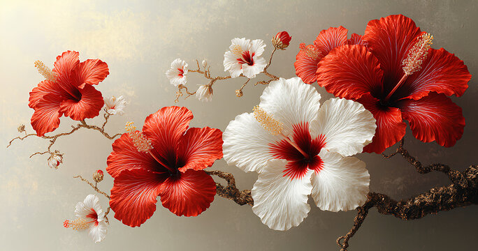 Vibrant Red and White Hibiscus Blossoms in Artistic Arrangement
