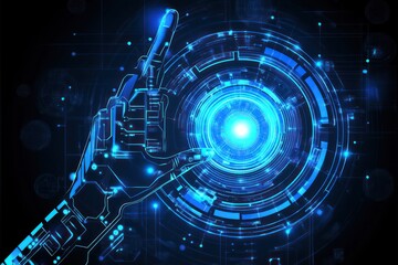 Obraz premium Robotic hand activates digital core; futuristic tech background; for tech websites