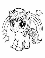 Obraz premium Coloring page for kids, a cute cartoon baby pony with stars and rainbows in the background, thick lines, very low detail, no shading