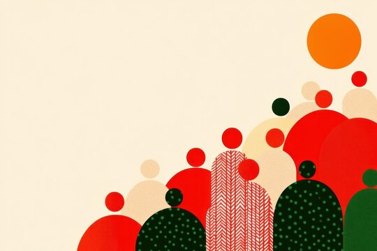 Colorful abstract illustration of human figures in red, green, and orange tones, depicting community and unity, perfect for seasonal themes and social concepts