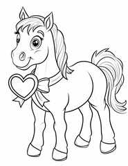 Coloring page for kids, cute horse holding a heart, in the style of cartoon style, with thick lines and low details