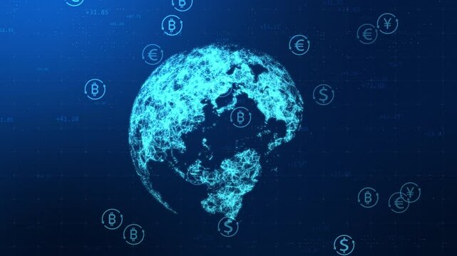 Global currencies exchange on abstract digital world map background. Stock market investment and trading concept. Transfer money technology and CBDC payments worldwide