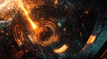 Fiery energy core, futuristic city, burning, abstract background, sci-fi concept art